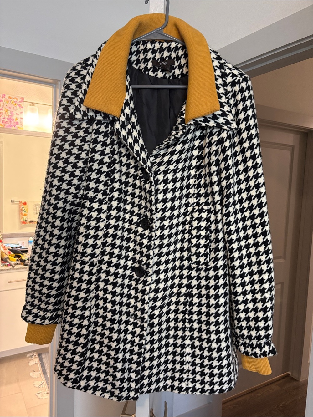 Luii Black & White Houndstooth Peacoat with Mustard Collar